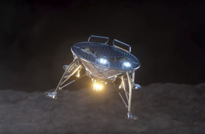 This visualization shows what the SpaceIL lander might look like landing on the lunar surface. (Credit: SpaceIL)