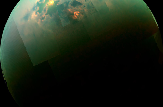 A near-infrared color image of Titan’s north pole, taken by NASA’s Cassini spacecraft. Image: NASA 